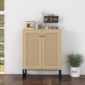 Panana Rattan Decorated 2 Doors Storage Cabinet Accent Cabinet Living Room Cupboard Kitchen Sideboard Buffet Table (Natural)