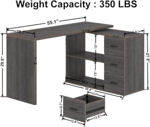 【Keep clutter out of sight and out of mind】: The gray L-shaped desk's 2 tiers of long shelves provide space for essential office supplies within arm's reach, while 3 drawers make it difficult for you to loose anything. Let's keep away from and get to the important thing. files. The 360 ​​Rotating Gray L Shaped Computer Desk With Drawers makes the most of your home office space and provides plenty of storage space.