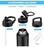 A sleek black Zibtes 40 oz Tal Water Bottle with three different lids: straw, spout, and handle, perfect for sports and travel.
