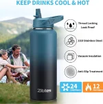 A sleek black Zibtes 40 oz Tal Water Bottle with three different lids straw spout, and handle, perfect for sports and travel.