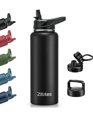 A sleek black Zibtes 40 oz Tal Water Bottle with three different lids: straw, spout, and handle, perfect for sports and travel.